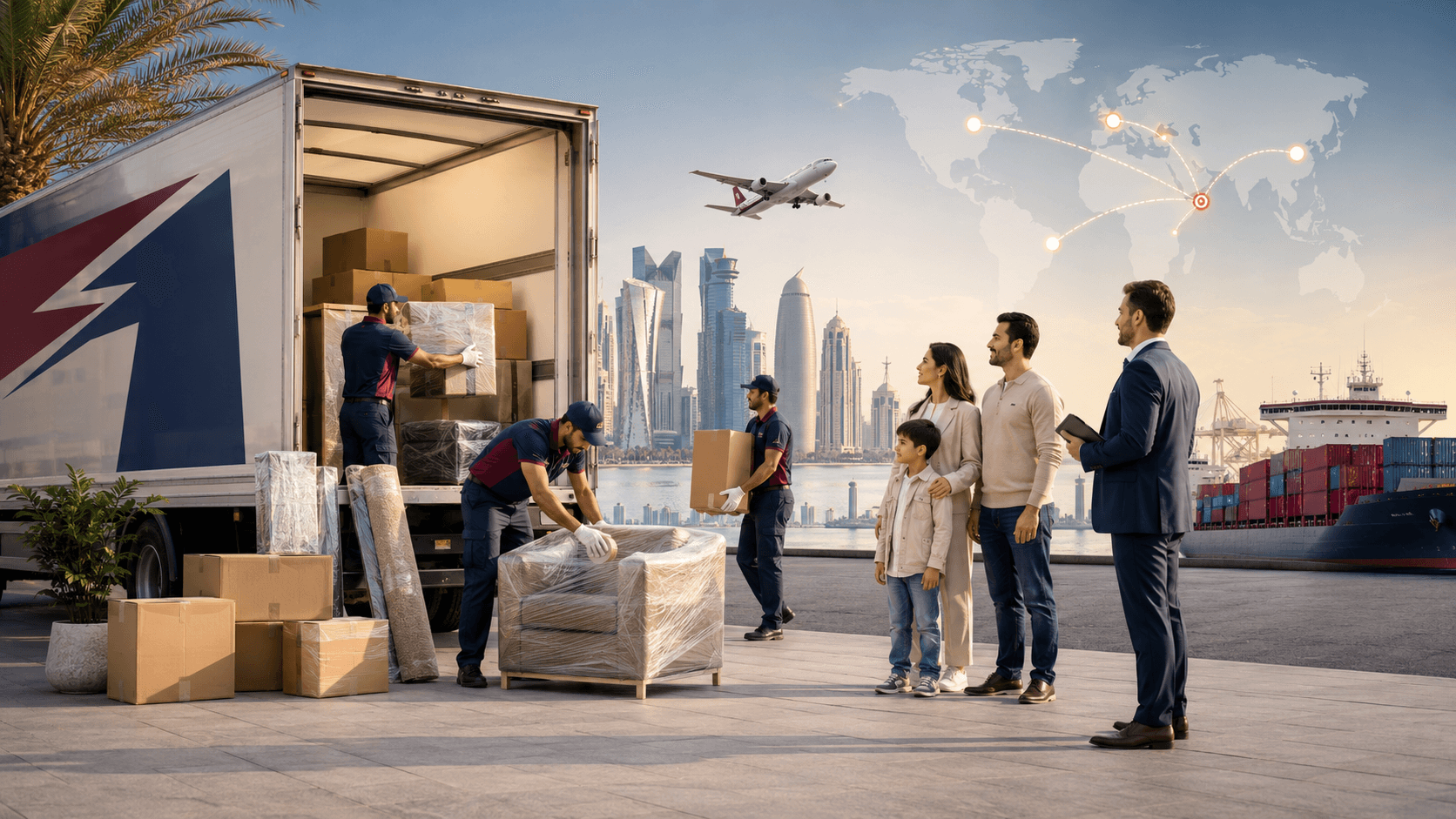 GWC Relocations crew loading a moving truck for a family, with the Doha skyline, an airplane and a cargo ship — door-to-door moving across Qatar and worldwide